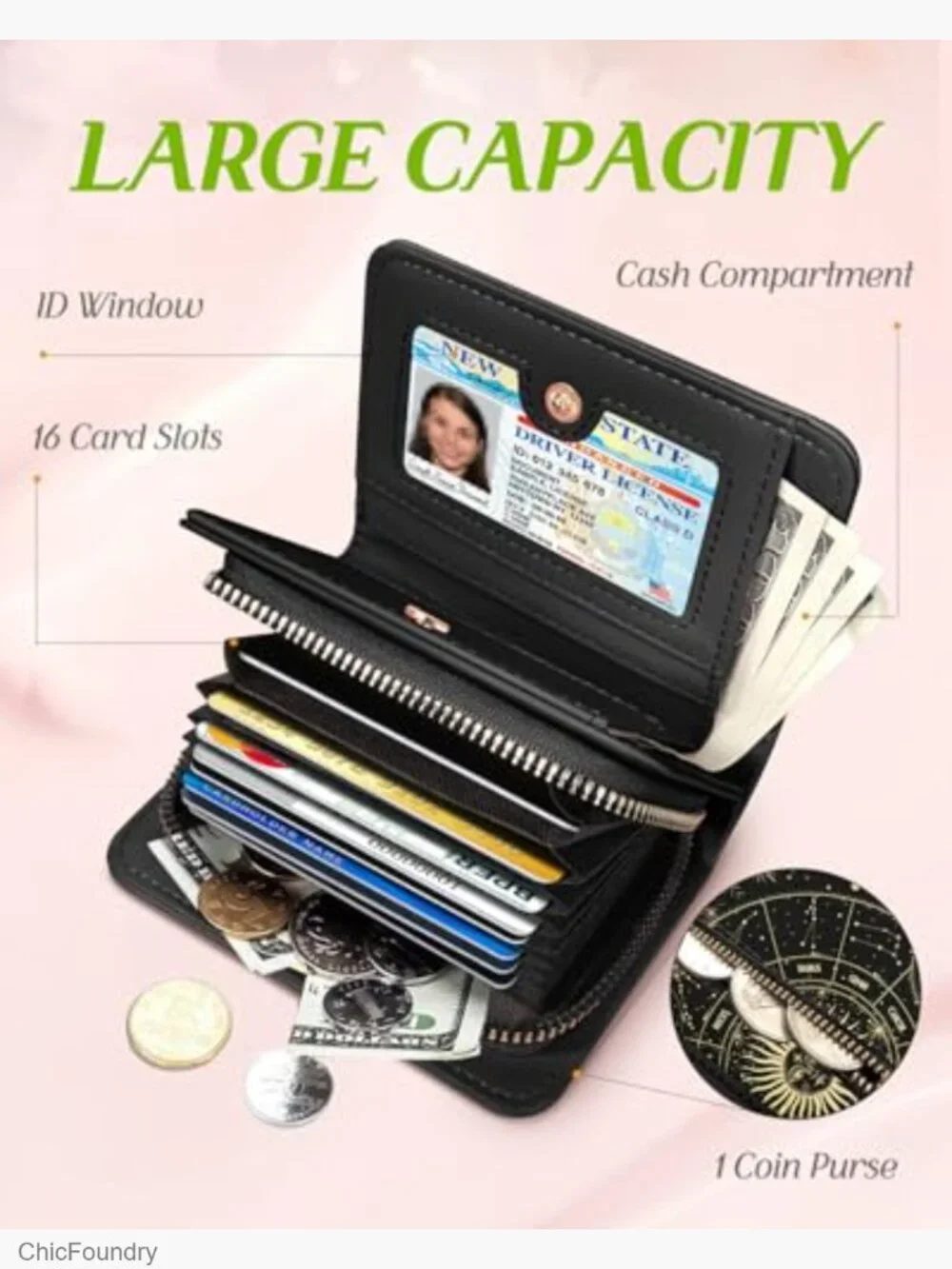 RFID Accordion Card Holder Wallet for Women Large Capacity Zip Around